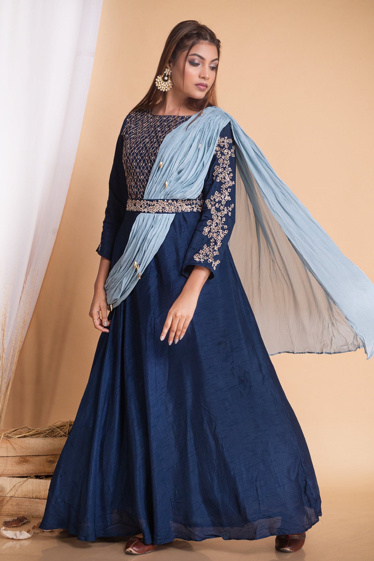 Prussian blue dress with artic blue drape Mani Jaipur Prussian blue dress with artic blue drape Mani Jaipur